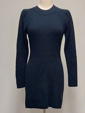 Z Supply Black Ribbed High-neck Pleated Puff Shoulder Sweater Dress Size: S